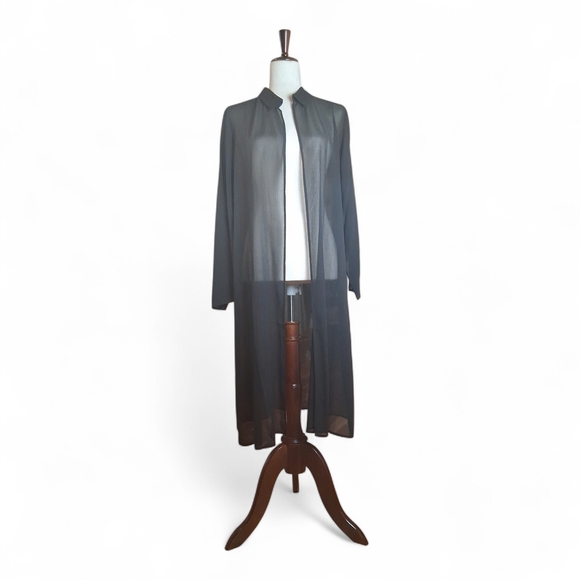 Eileen Fisher Jackets & Blazers - Eileen Fisher Wmn Sheer Silk Black Georgette Classic Collar Open Long Shirt S/P